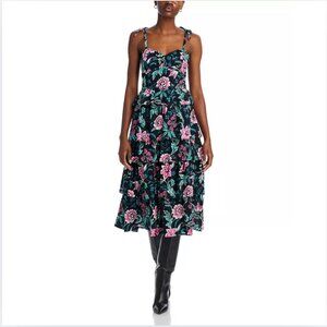 Banjanan Ramona Dress Ibis Black Floral Tiered Ruffle Midi Dress Cotton Boho L